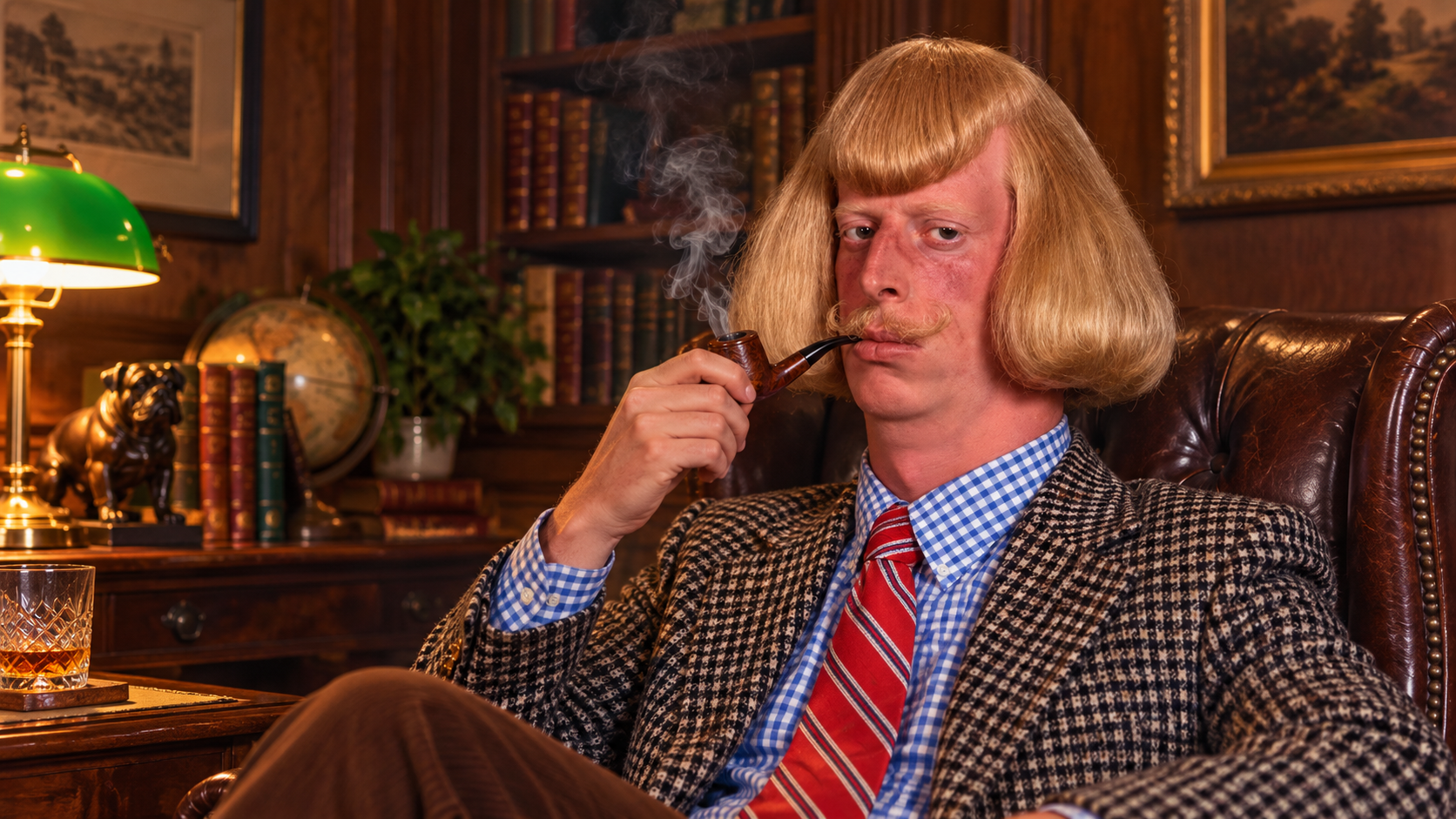 PIPEJEAN in a wood-paneled study, bowl-cut hair and mustache, smoking a pipe in a leather chair