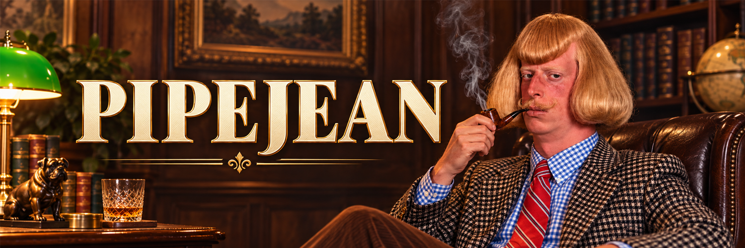 PIPEJEAN banner, gold lettering across a quiet study with the gentleman seated and pipe in hand